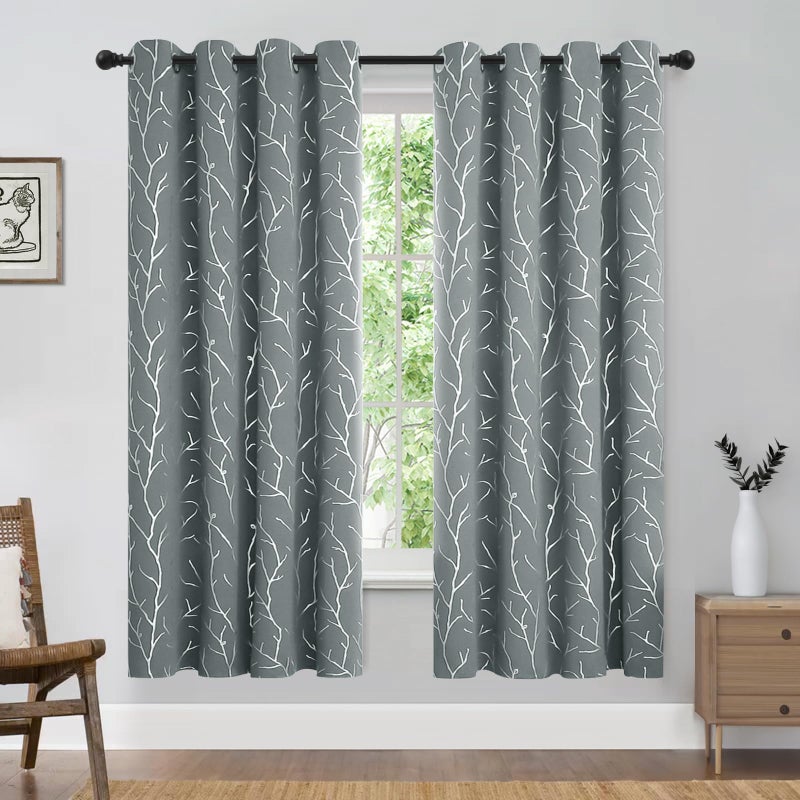 BUHUA Blackout Curtains Silver Foil Print Tree Branches Grommet Drapes  Room Darkening Thermal Insulated Curtains  Noise Reducing Blackout Curtain for Bedroom  Light Grey  52Wx63L  2 Panels - Image 2